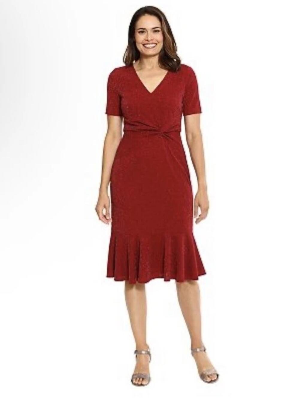 NWT London Times Red Silver Short Sleeve Twisted Knot Midi Dress Women's Size 12
